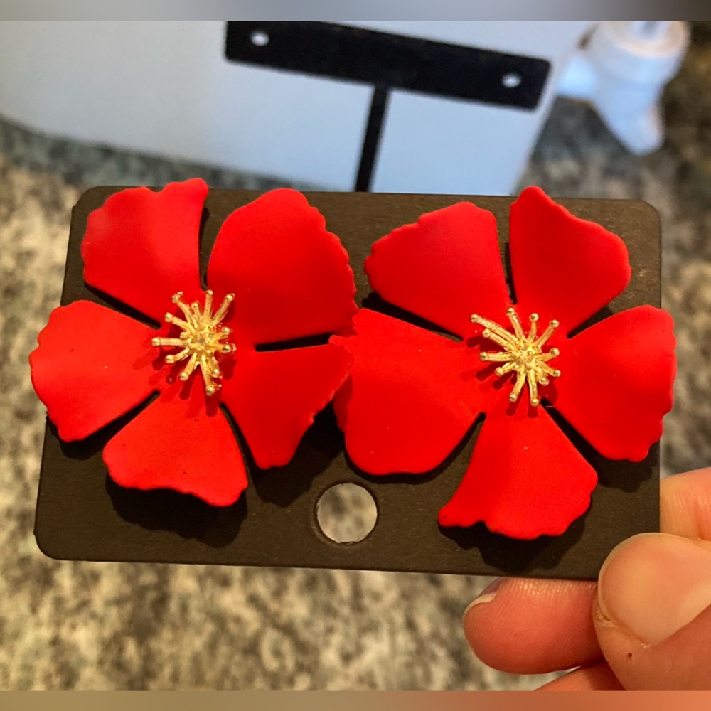 Red Floral Statement Earrings - Women Accessories